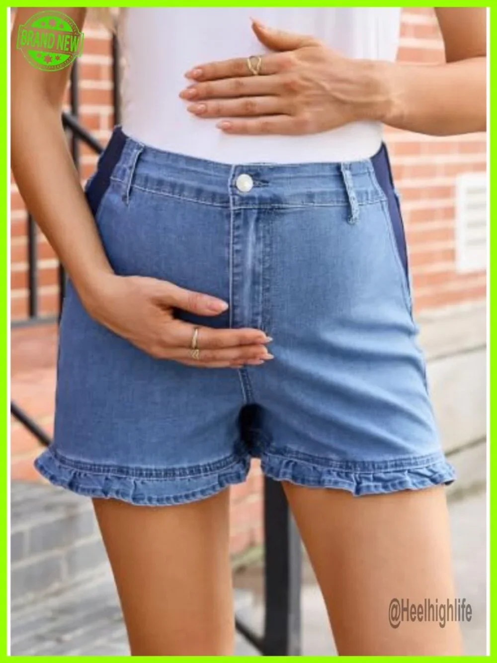 Maternity High Rise Denim Shorts Ruffle Hem Over-Belly Cotton Blend
